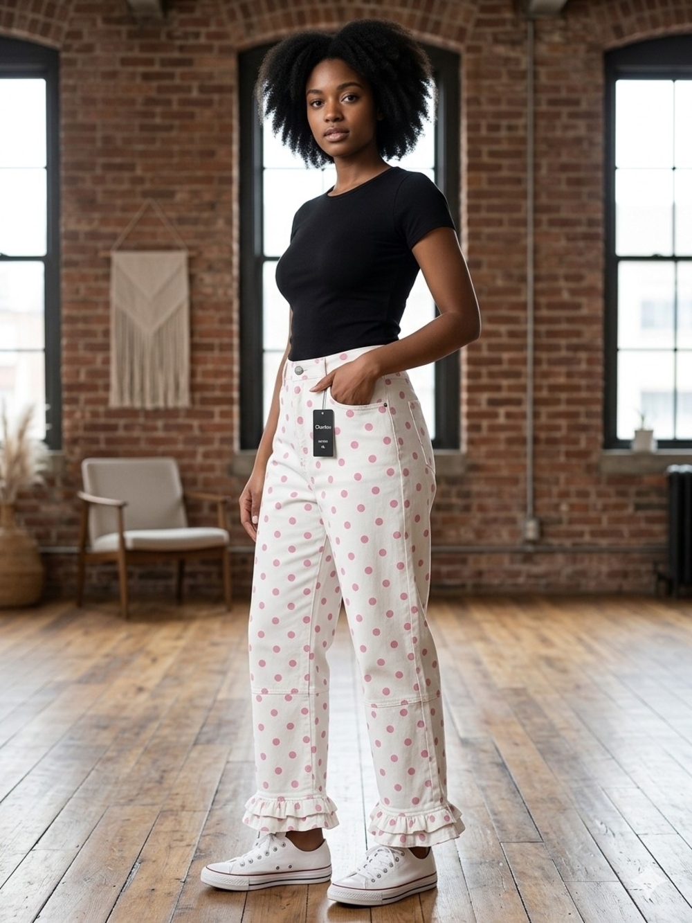 Polka Dot Ruffle Hem Ankle Jeans — Pink on White